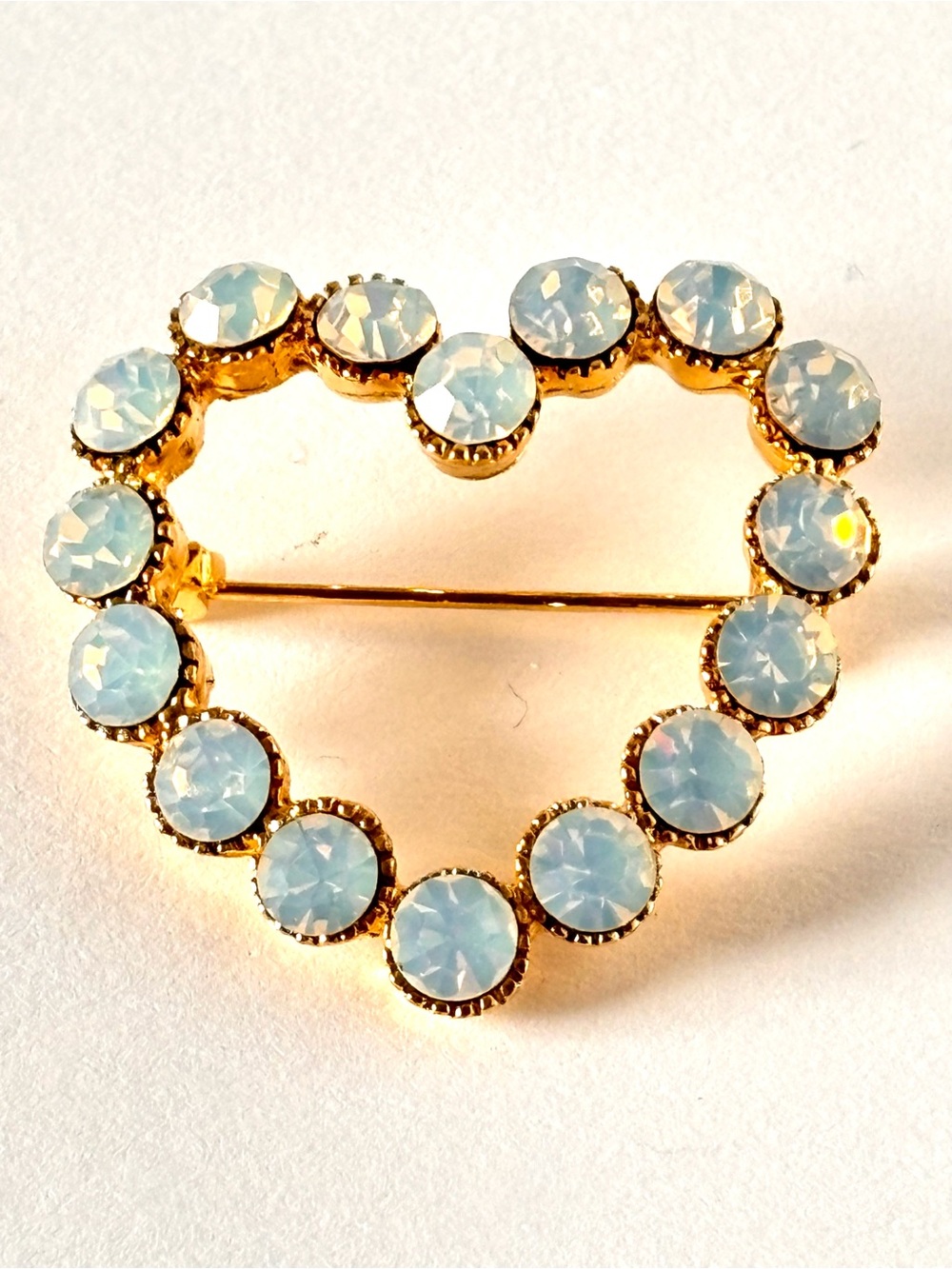 Heart Clear Rhinestones Radiates Vintage Gold Brooch Pin